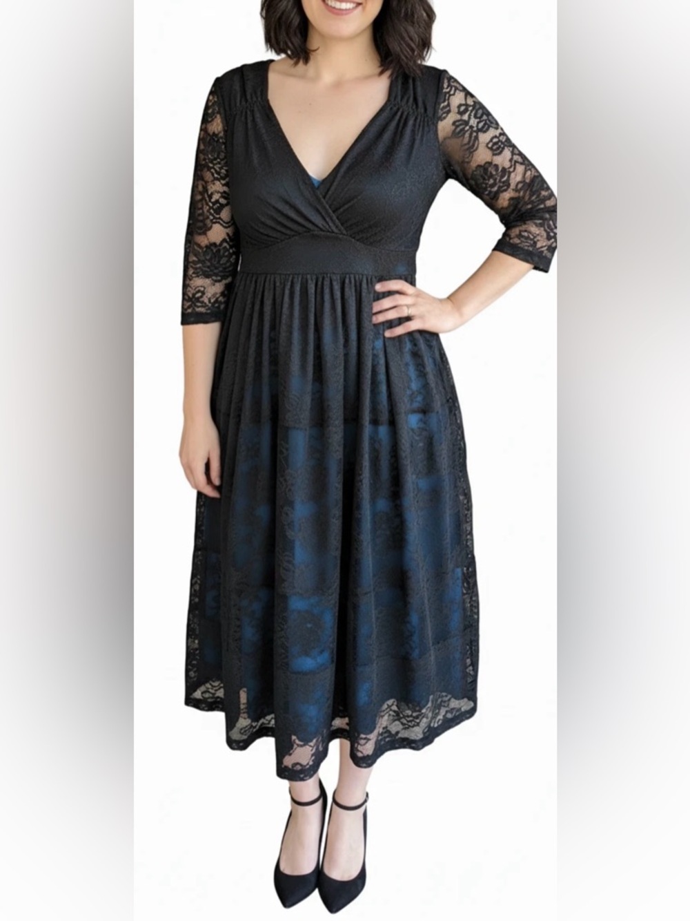 Kiyonna Lace Blue Overlay Tiered Empire Midi Whimsigoth Dark Romantic